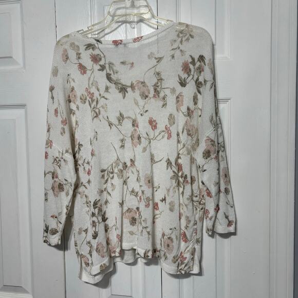 J Jill Open Knit Ladies Sweater Lightweight White Floral Petite Large - Picture 1 of 4